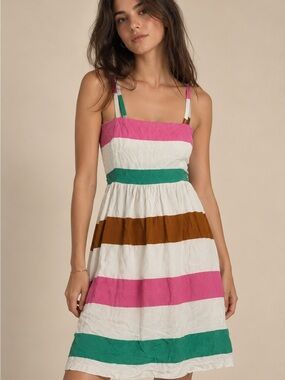 Corey Lynn Calter Striped Midi Dress in Pink, Green, Brown & White